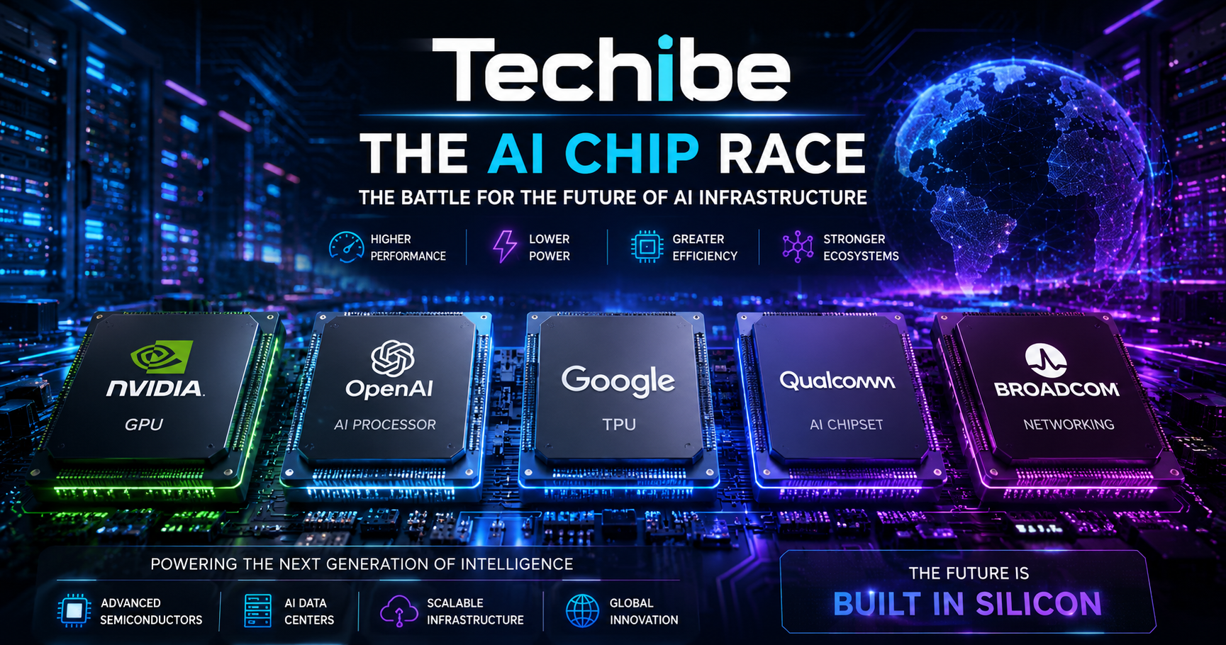 AI chip race showing Nvidia, OpenAI, Google, and Qualcomm competing in next-generation artificial intelligence hardware.