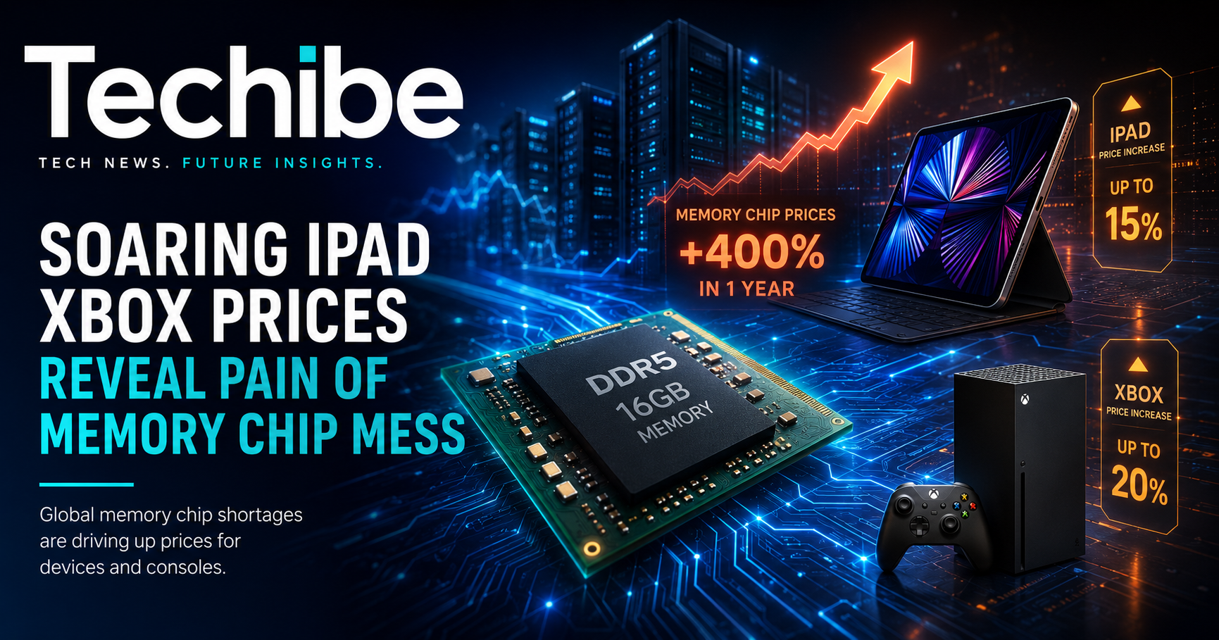Advanced memory chip with iPad and Xbox devices illustrating the global semiconductor shortage.