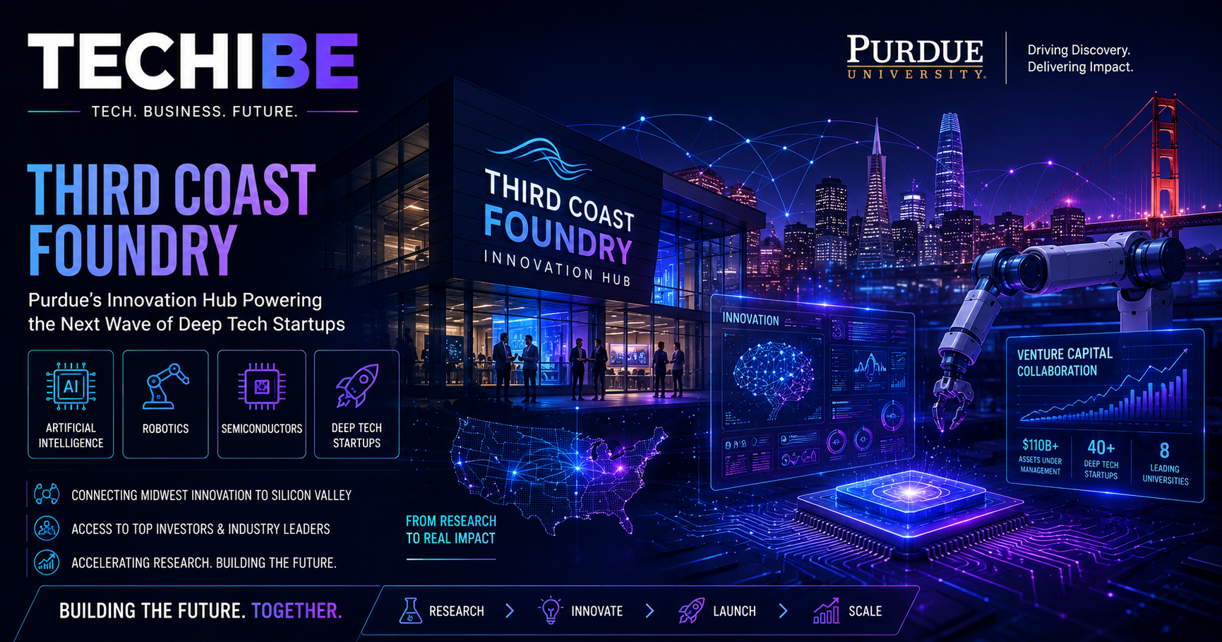 Third Coast Foundry innovation hub launched by Purdue University to accelerate deep tech startups and connect researchers with Silicon Valley investors.
