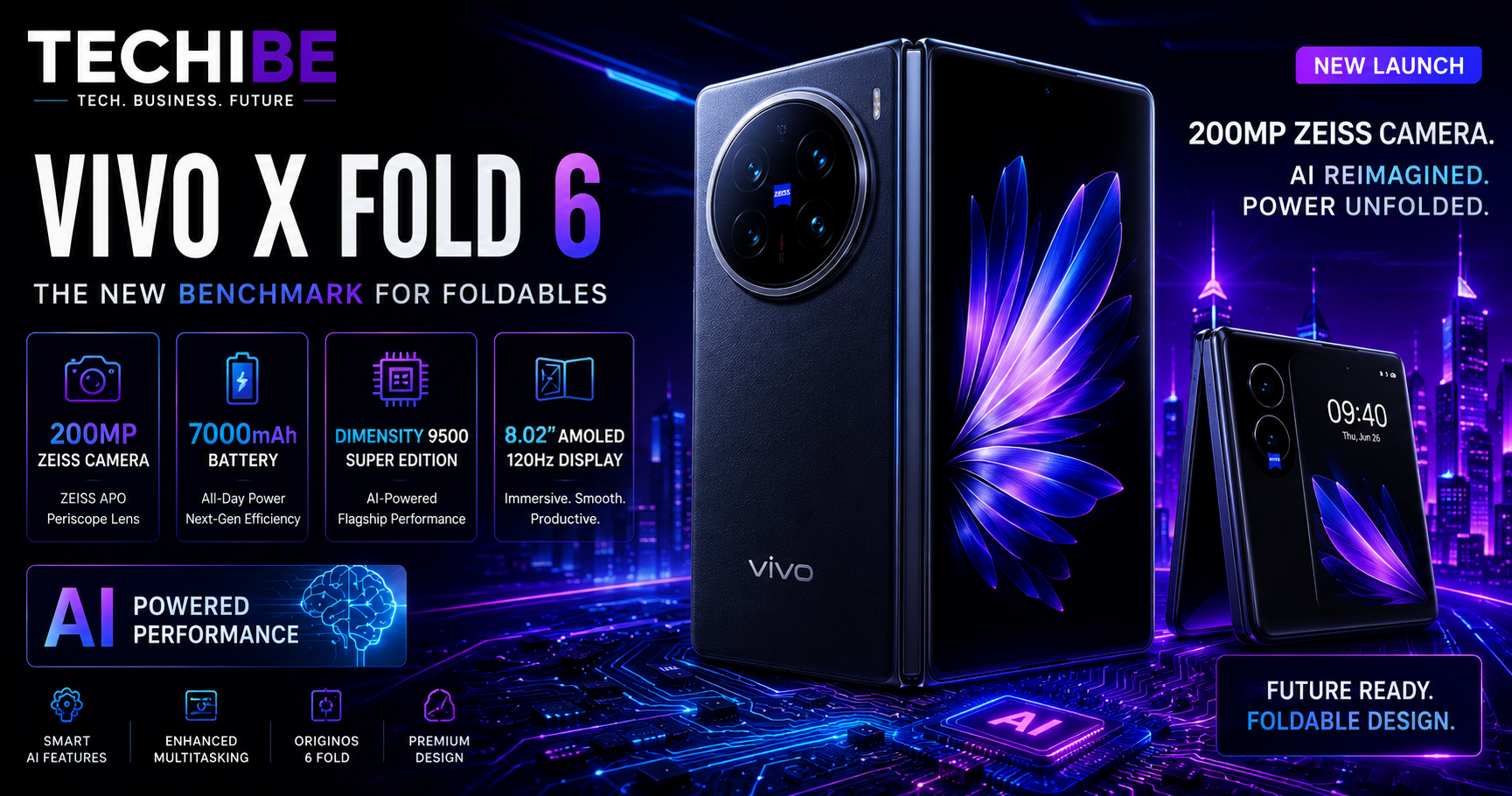 Vivo X Fold 6 foldable smartphone featuring a 200MP Zeiss camera and a 7,000mAh battery.